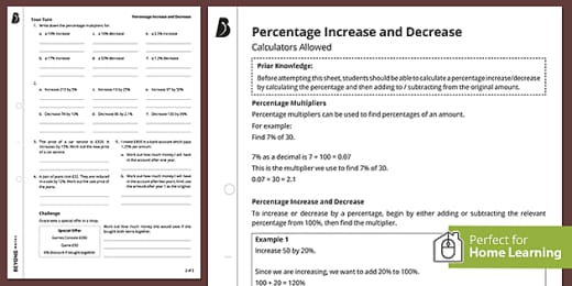 35 Percent Increase And Decrease Word Problems Worksheet