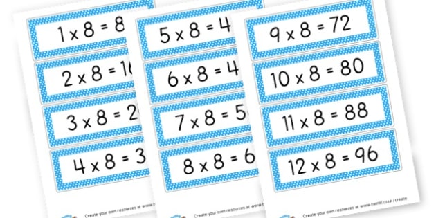 8 x table cards calculations times tables primary resources