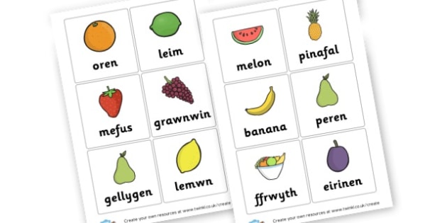 Colourful Illustrated Welsh Fruit Words Cards (Twinkl-made)