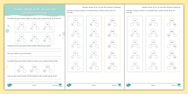 Number Bonds to 10, 20 and 100 Ultimate Challenge Worksheet