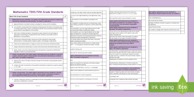 Mathematics Teks Fifth Grade Standards Checklist