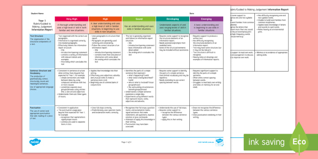 Australian Curriculum Year 1 Information Report Assessment Rubric Guide To