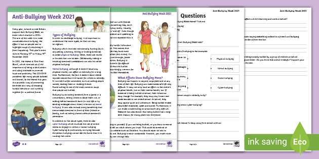 UKS2 Anti-Bullying Week 2021 Differentiated Reading Comprehension Activity