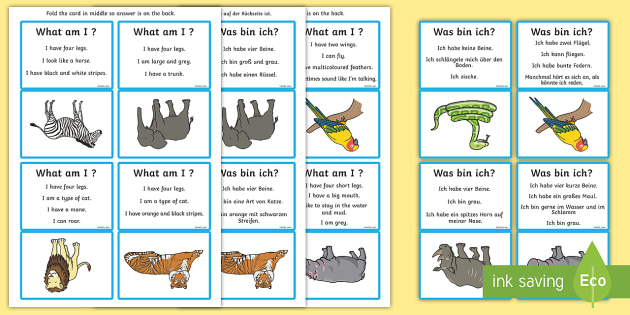 What Am I? Wild Animals Guessing Game Cards English/German