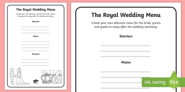 Design a Royal Wedding Menu Worksheet / Activity Sheet - harry