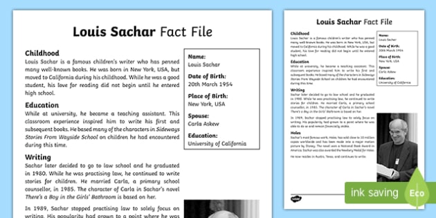 Louis Sachar Fact File (Teacher-Made) - Twinkl