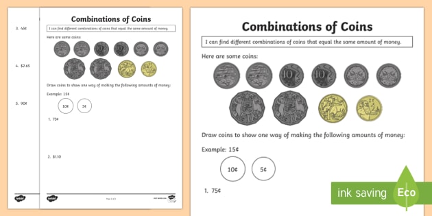 Combination of Coins Worksheet / Worksheet - Australia Maths Resource