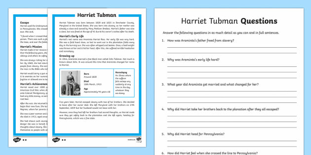 Harriet Tubman Differentiated Reading Comprehension Activity