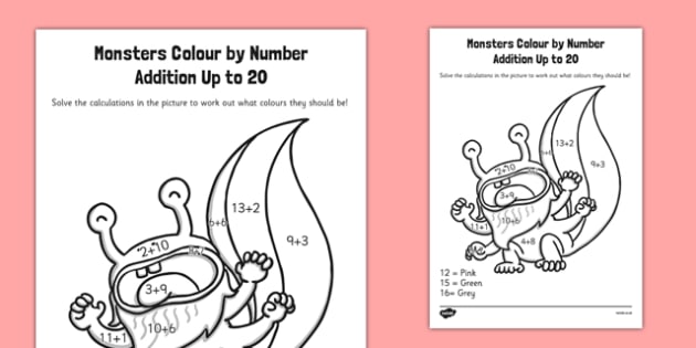 Monster Colour by Number Addition to 20 (teacher made)