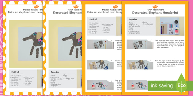 Decorated Elephant Handprint Craft Instructions English French