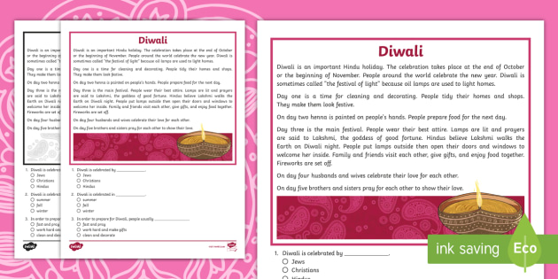 Third Grade Diwali Reading Passage Comprehension Activity