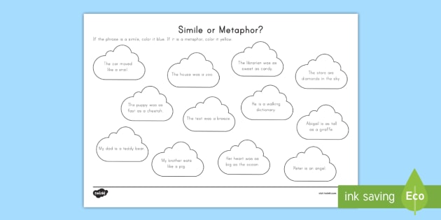 Simile Or Metaphor Worksheet Sentences With Similes For Kids