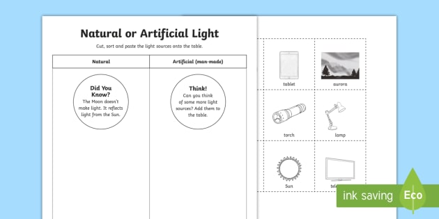 Natural or man-made source of light worksheet