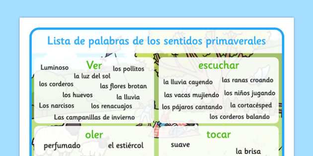Tapiz de vocabulario de la primavera y los sentidos