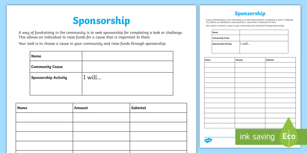 Sponsorship Worksheet (teacher made)