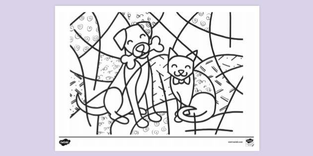 printable colouring page dogs and cats twinkl