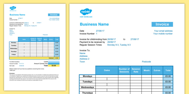 Childminder Invoice Shorter Version Template Spreadsheet