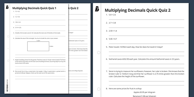 multiplying decimals quick quizzes ks3 maths beyond