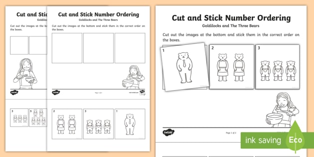 Goldilocks And The Three Bears Themed Cut And Stick Number Ordering Worksheet