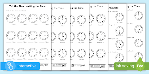 Printable O'Clock and Half Past Worksheets Maths and Time