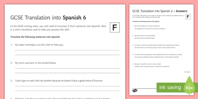 GCSE Translation Into Spanish Foundation Tier 6 Worksheet Worksheet