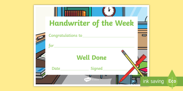 Handwriter of the Week Certificate