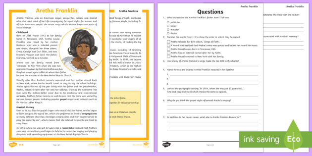 UKS2 Aretha Franklin Differentiated Reading Comprehension Activity