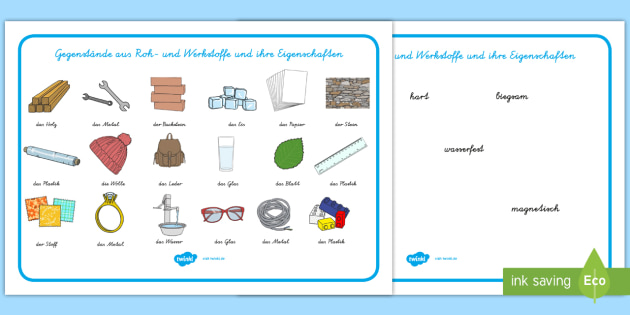 Gegenstände aus Roh- und Werkstoffen und ihre Eigenschaften Wortschatz: