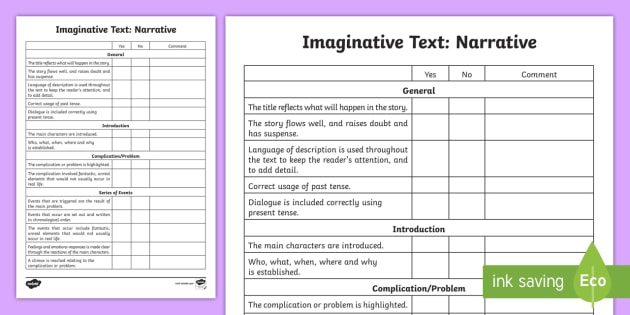 Imaginative Text: Narrative Assessment Checklist