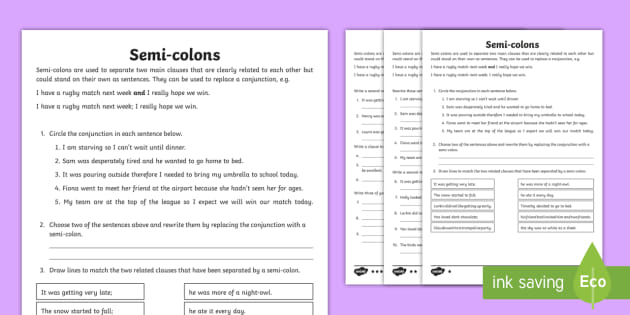 Using Semi Colons Worksheet Teacher Made