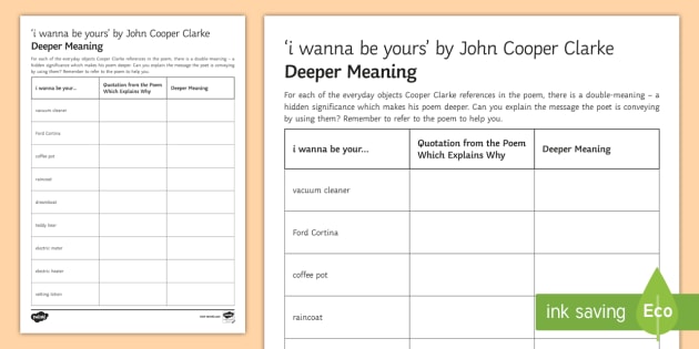 Gcse I Wanna Be Yours By John Cooper Clarke Deeper Meaning Worksheet