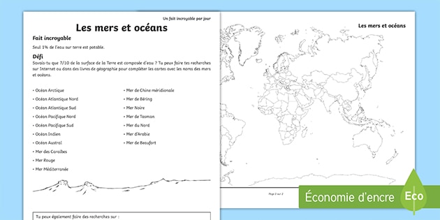 Carte Du Monde à Compléter Les Mers Et Océans