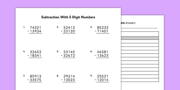 long subtraction worksheets with 5 digit numbers
