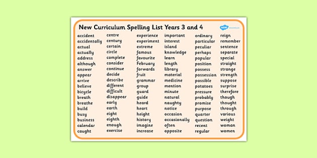 National Curriculum Spelling List Year 3 And 4