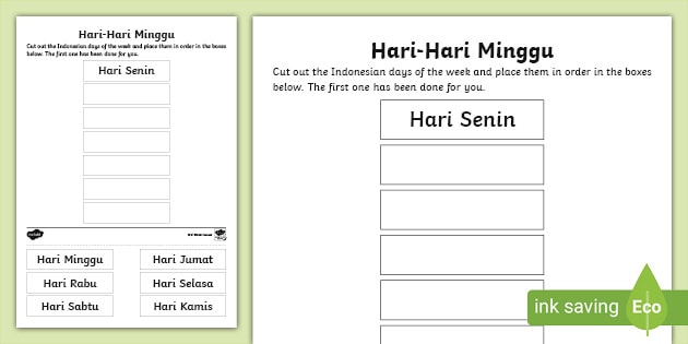 days of the week cut and stick worksheet indonesian