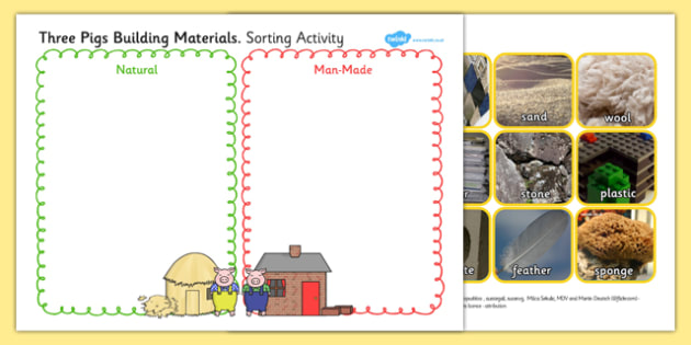 Three Pigs Material Sorting Activity - three pigs, sorting 