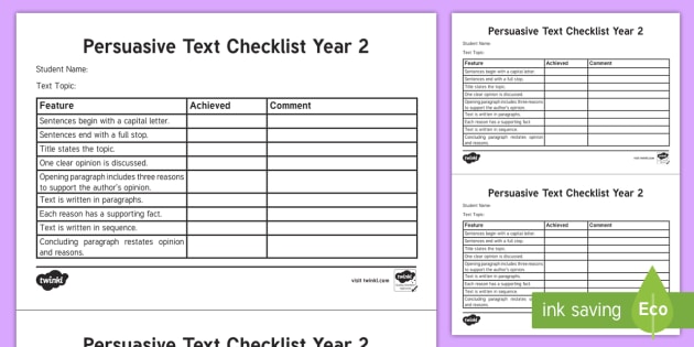 year 2 persuasive text checklist teacher made