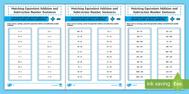 Matching Equivalent Addition And Subtraction Number Sentences