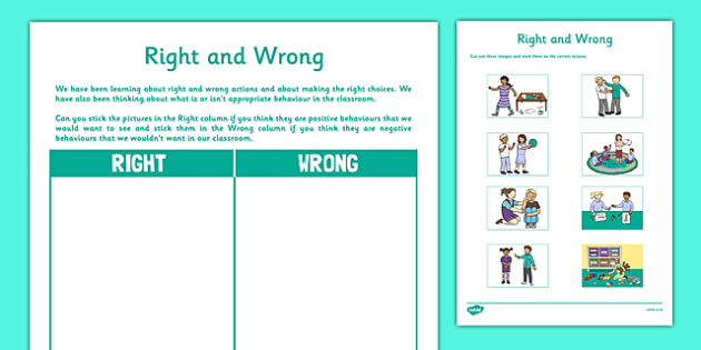 Right and Wrong Worksheet CfE Right Wrong Twinkl
