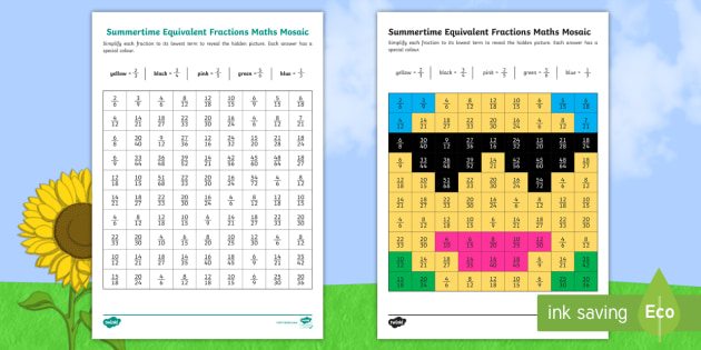 ks2 summer themed equivalent fractions mosaic worksheet