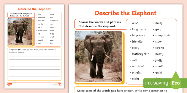 Describe the Elephant Writing Activity,elephant - Twinkl
