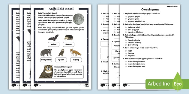 Gweithgaredd Darllen a Deall Gwahaniaethol Anifeiliaid Nosol