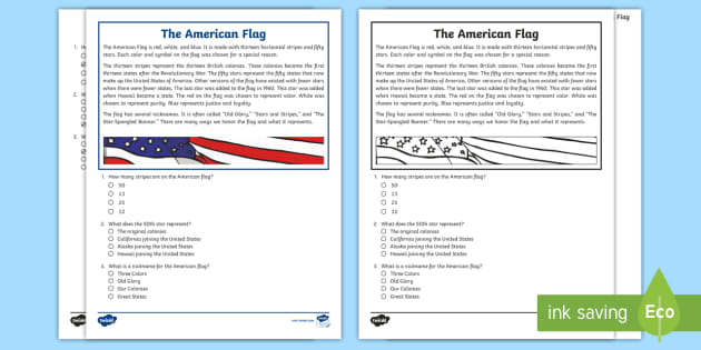 fourth grade the american flag reading passage comprehension