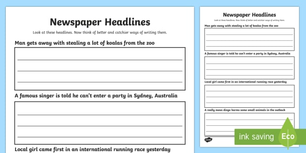 Newspaper Headline Writing Worksheet / Worksheet