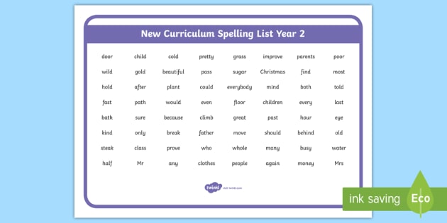 Year 2 Spelling Words PDF New Curriculum Spelling Words