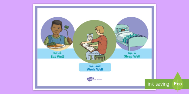 Eat Well Sleep Well Work Well A4 Display Poster Arabic Arabic English