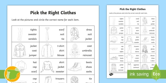 A2 Ficha de actividad: Elige la ropa correcta en inglés