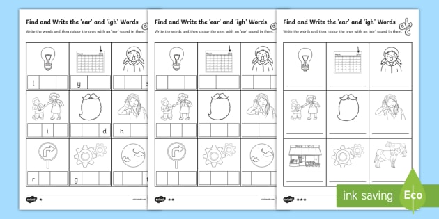* NEW * Find and Write the ear and igh Words Differentiated