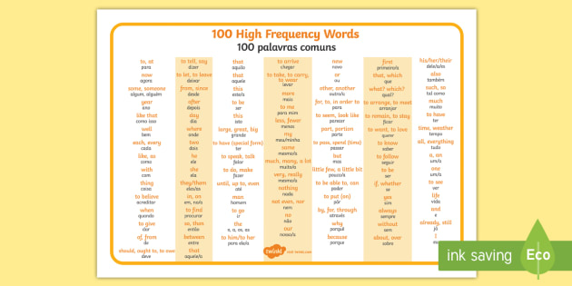 High Frequency Words Word Mat English Portuguese 100 High Frequency Words
