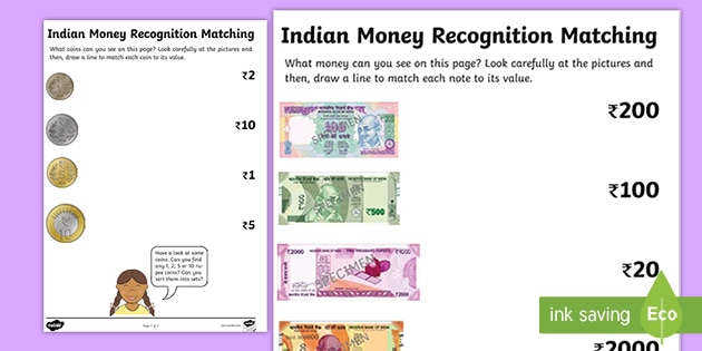 indian money recognition matching worksheets teacher made